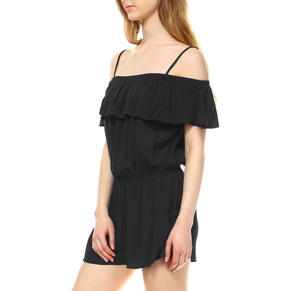 Off Shoulder Ruffle Overlay Romper with Pockets - Picture 2 of 6